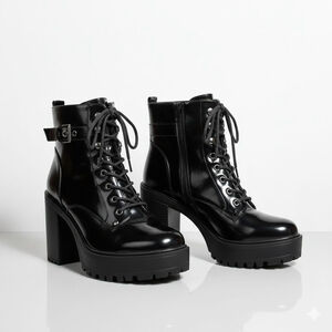 GBG Black Patent Heeled Combat Boots Women's Size 10